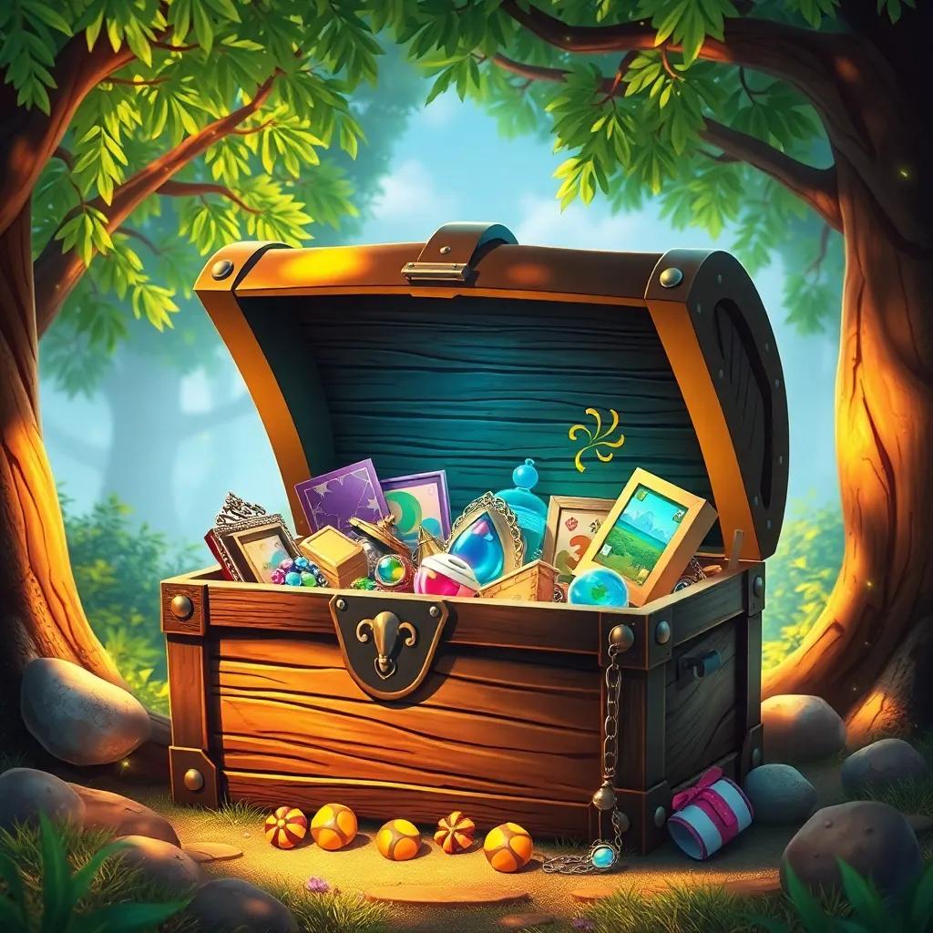 The treasure chest revealed with colorful treasures underneath the trees, filled with items that symbolize their adventures, adornments representing memories, shiny and inviting atmosphere