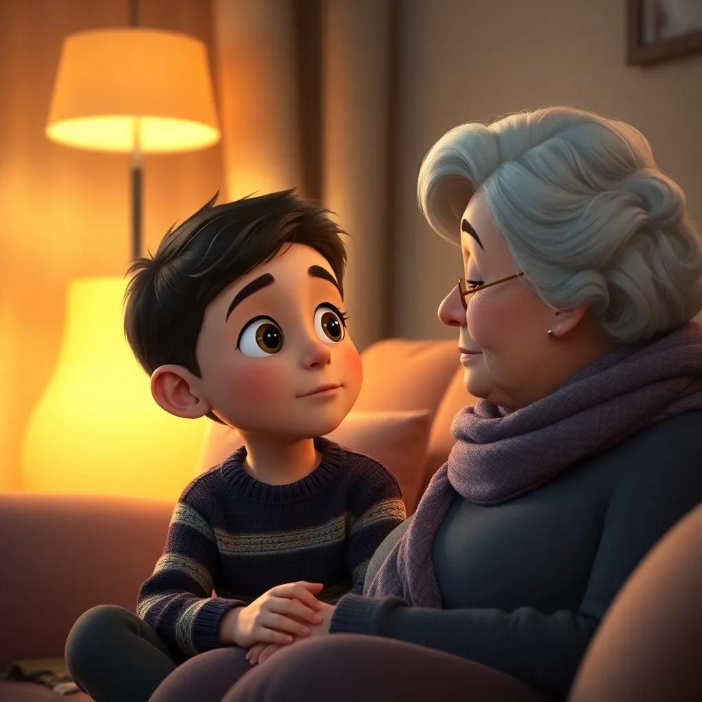 Sami eagerly listening to his grandmother, looking inspired, depicting a cozy living room setting with soft cushions and a warm glow from the lamp, intimate and heartwarming