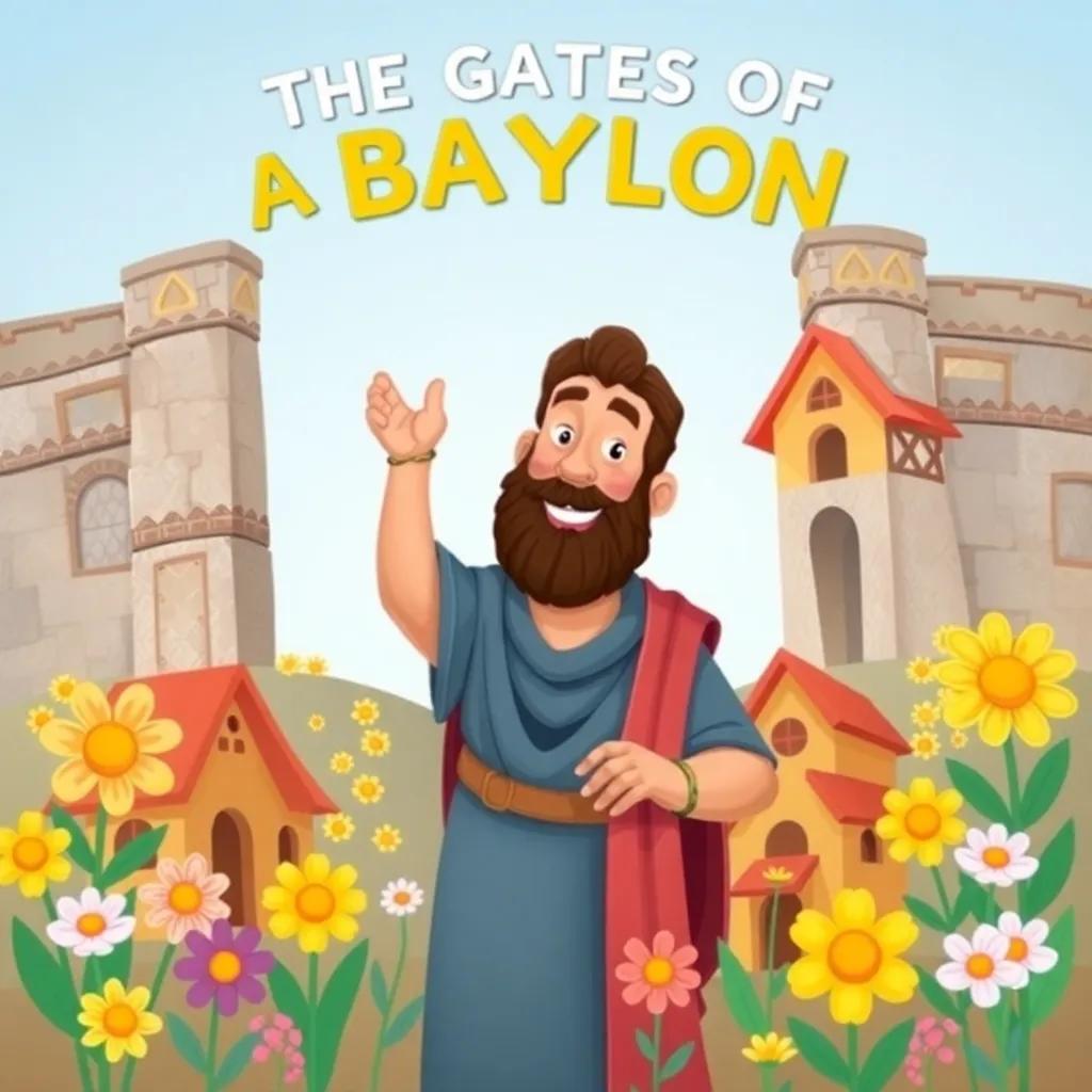 At the gates of Babylon, Abraham, a hardworking man with a kind face, is building houses with his hands, surrounded by flowers, bright colors, happy mood, illustration, child-friendly