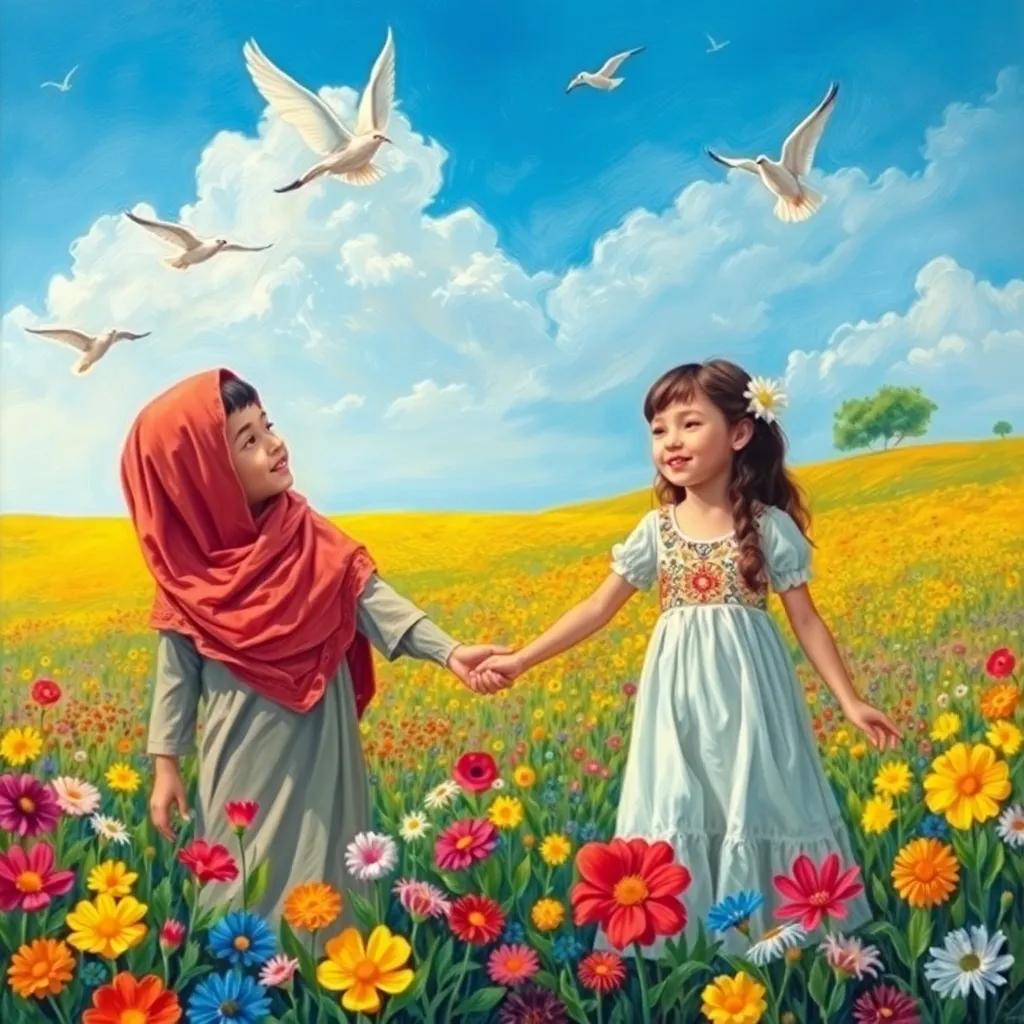 The children dreaming of vibrant fields, an Arab boy and girl holding hands, surrounded by colorful flowers, under a blue sky, with birds flying above, creating a lively scene, cheerful, magical, bright colors