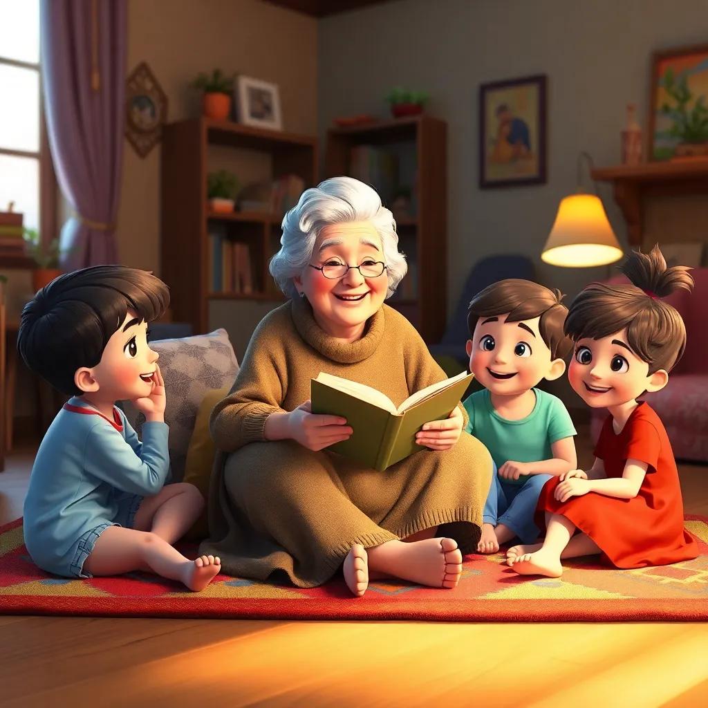 A grandmother sitting on a colorful rug, surrounded by her curious grandchildren, smiling and telling a story, cozy living room, warm light, inviting atmosphere, detailed, charming, high quality