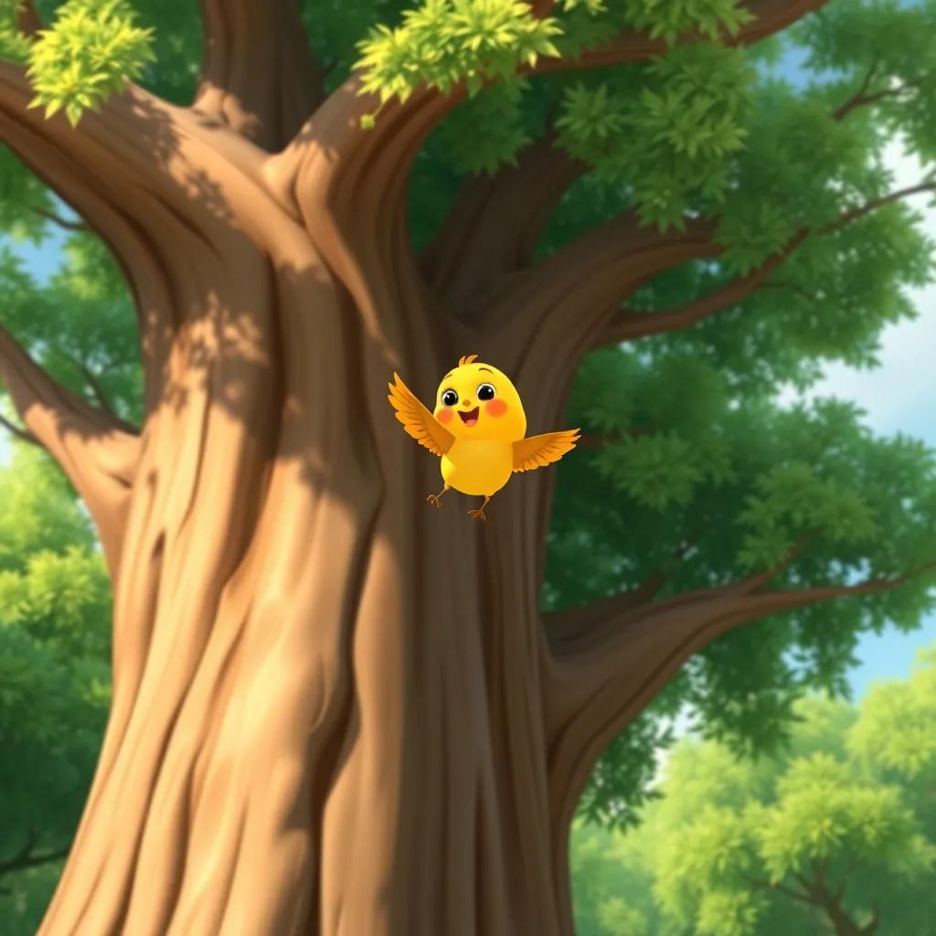 A small yellow bird flying happily above a large tree, bright sun shining, green leaves rustling, joyful expression, colorful landscape, child-friendly, detailed, serene