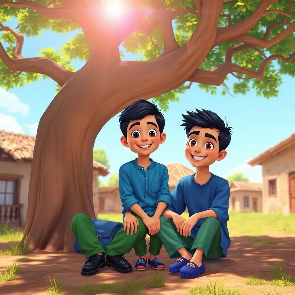 A sunny day in a village, two friends sitting under a big tree, a young Arab boy with short black hair wearing a blue shirt and green pants, smiling, vibrant colors, cheerful atmosphere, digital art, high quality