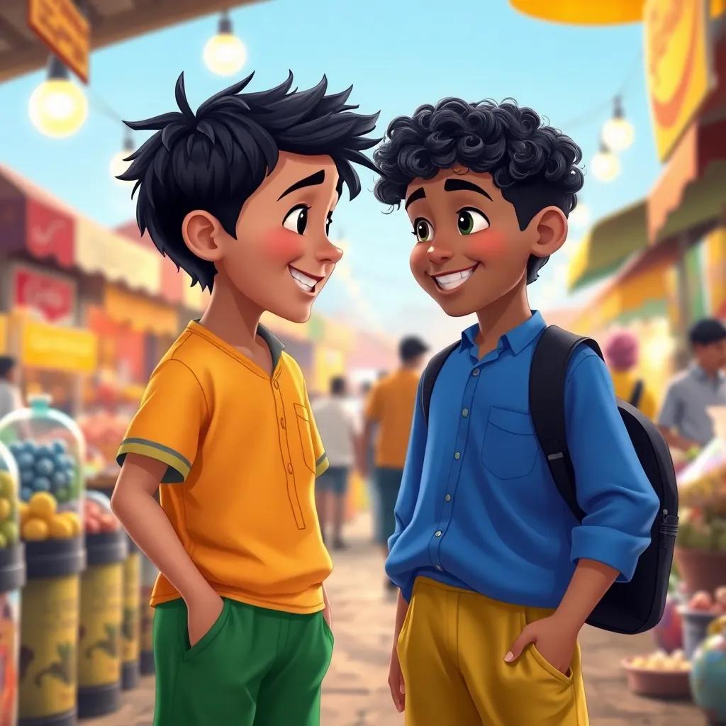 A young Arab boy with short black hair in a blue shirt and green pants talking to another boy with curly dark hair wearing a yellow shirt, surrounded by a lively market scene, bright colors, joyful interaction, vibrant artwork