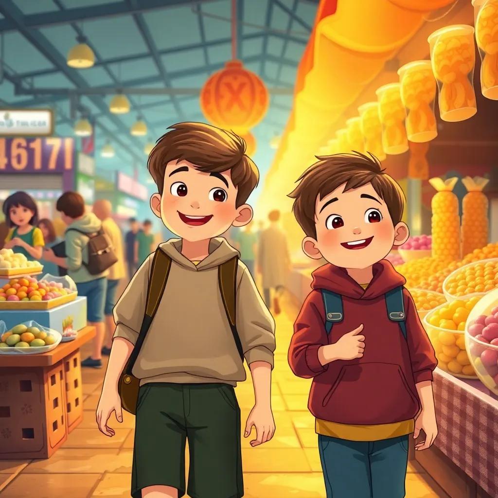 Two boys walking in a market, one boy excitedly pointing to colorful sweets at a stall, lively atmosphere, detailed the market with happy people, illustration, warm tones, child-friendly