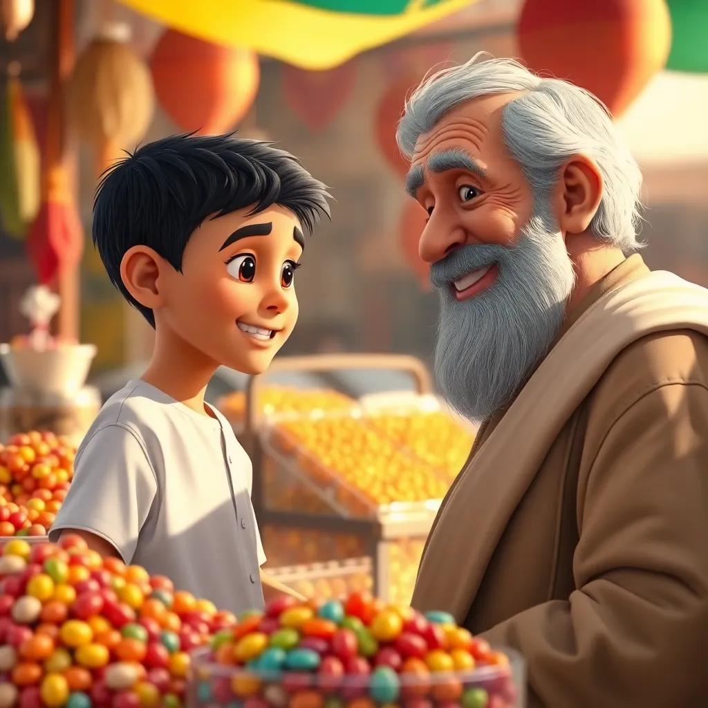 A young Arab boy with short black hair asking a seller about the price of candies, a friendly old vendor with a gray beard smiling back, cheerful market background, colorful sweets, warm sunlight, detail rich