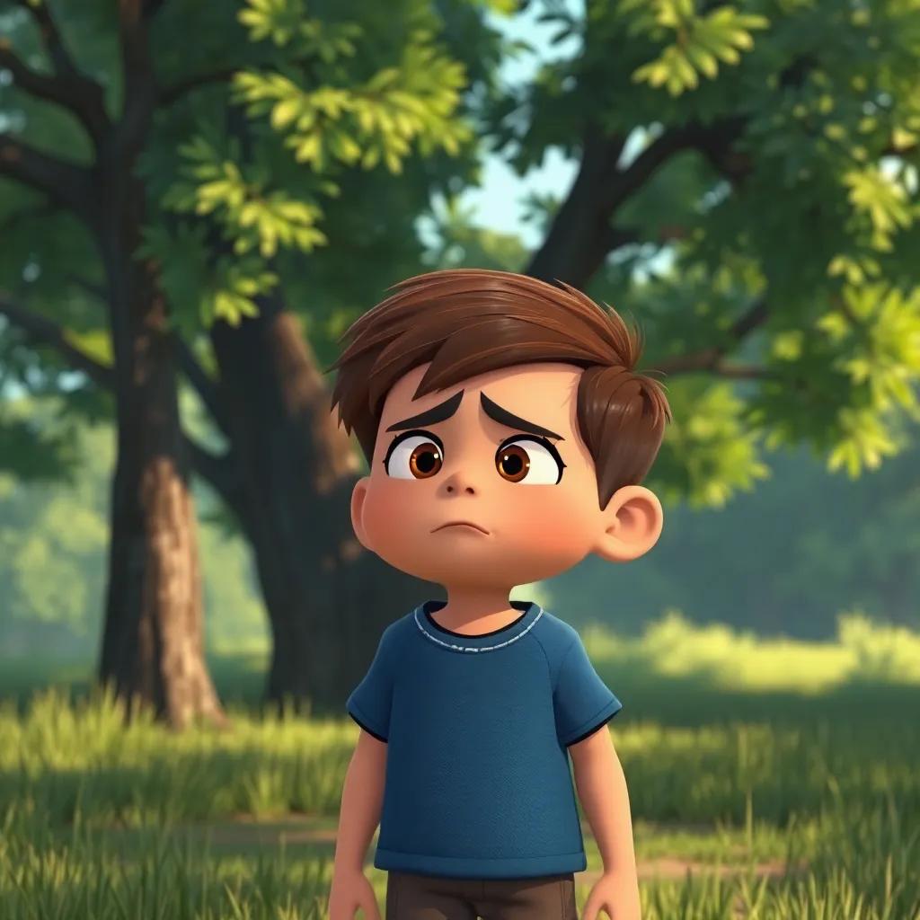 A sad boy returning to his friend, expressing his feelings with a frown, ready to tell the truth, lush green tree and grass underneath, emotional moment, storytelling vibe