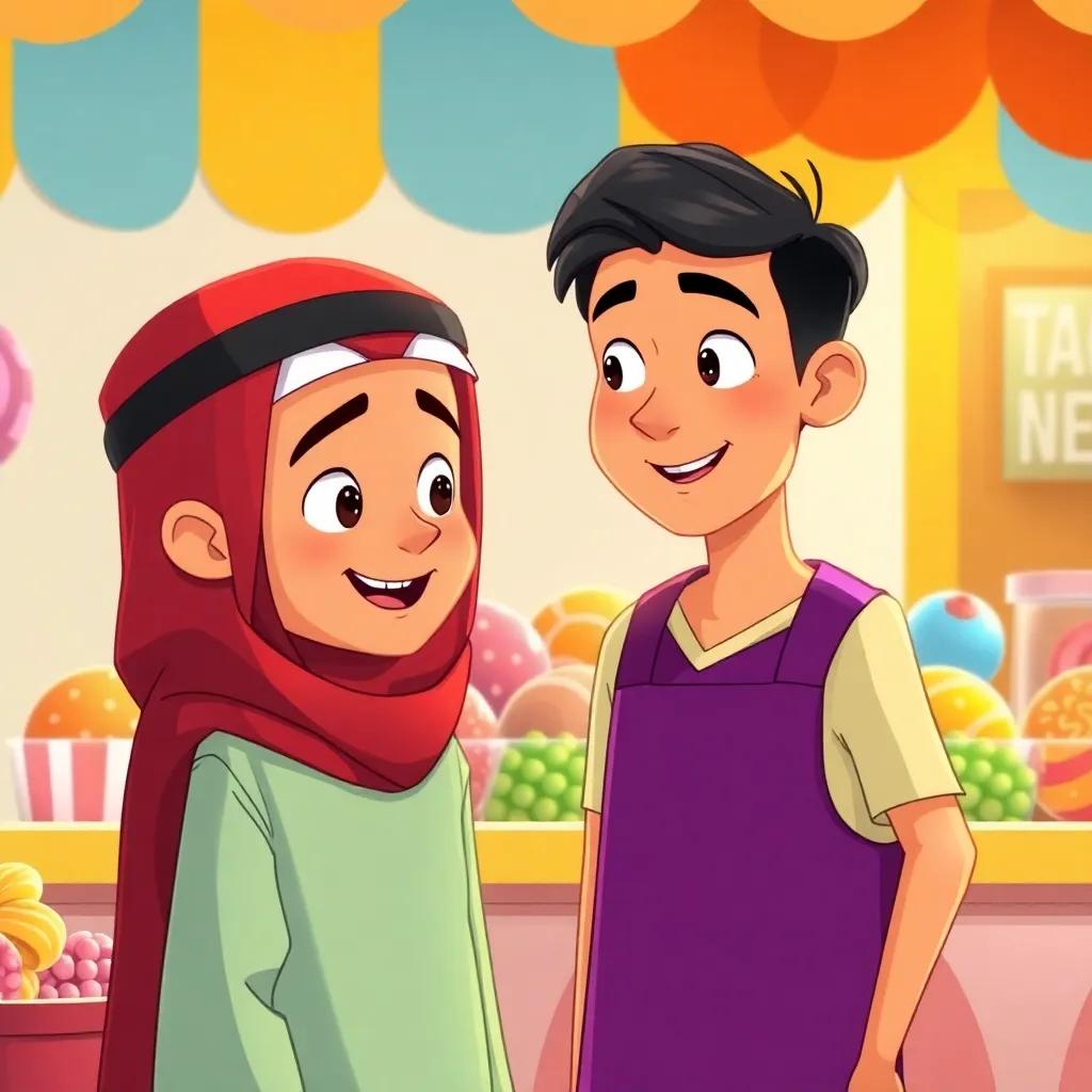 A young Arab boy saying the truth to the vendor about not having enough money, the vendor with a surprised but kind smile, colorful candy stall, bright and optimistic mood, heartwarming illustration