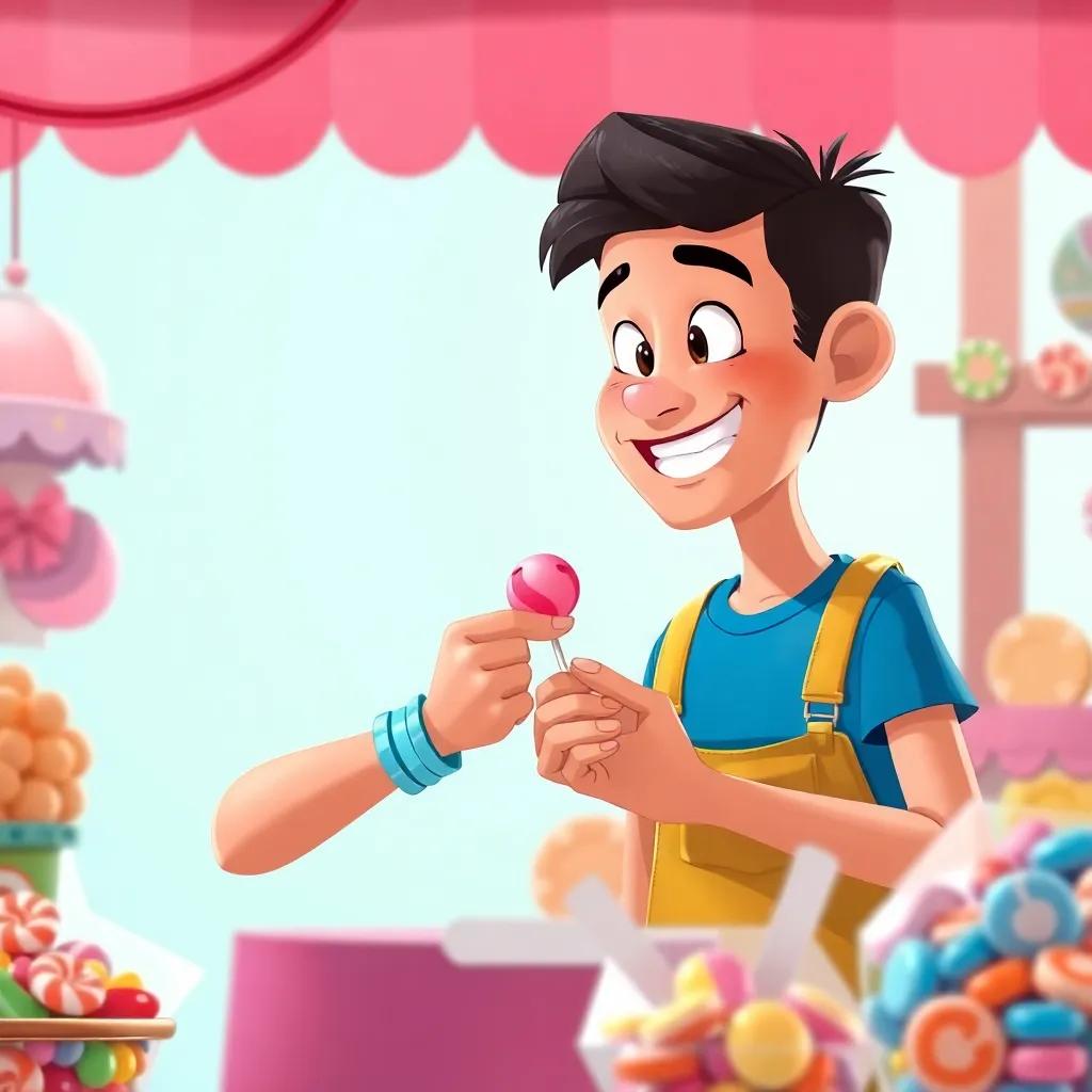 A happy vendor giving a piece of candy to the boy, bright background showing the joy of sharing and kindness, colorful candy variety, detailing expression, uplifting scene