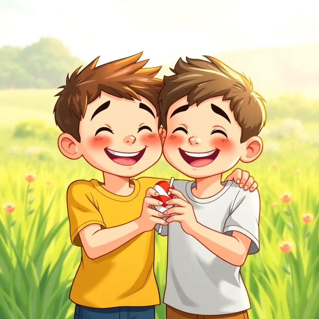 Two boys celebrating together, smiling while holding the candy, lush green landscape around, sunny day, depiction of joyful friendship, engaging illustration