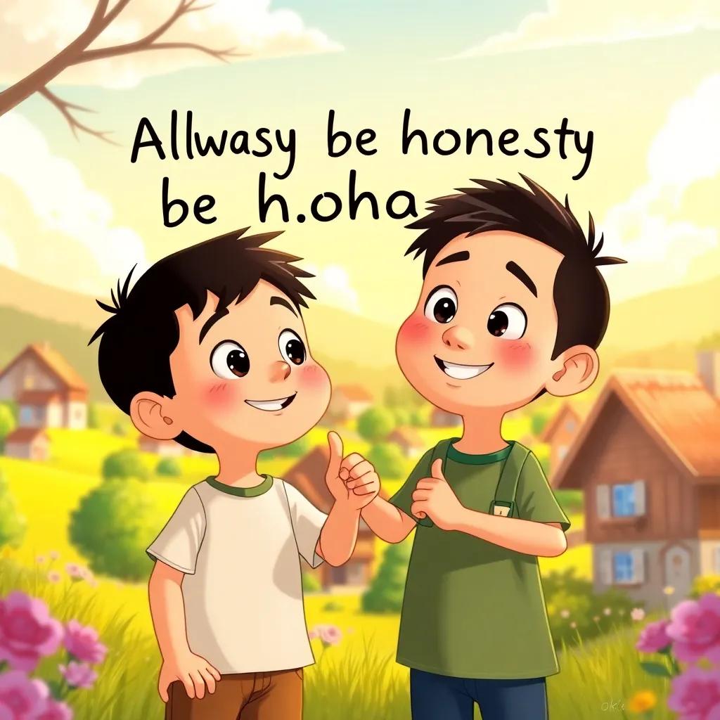 The two boys promising to always be honest, a sunny backdrop with a sunny village, cheerful colors illustrating a wonderful friendship, heartfelt scene