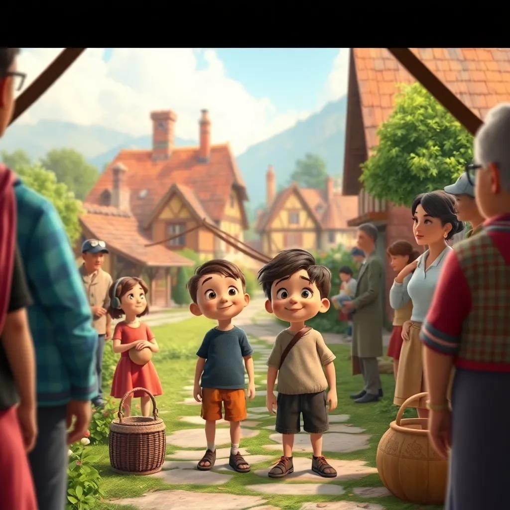 A picturesque village scene with the two boys being admired by people around them, a sense of community and trust, warm colors, child-friendly atmosphere