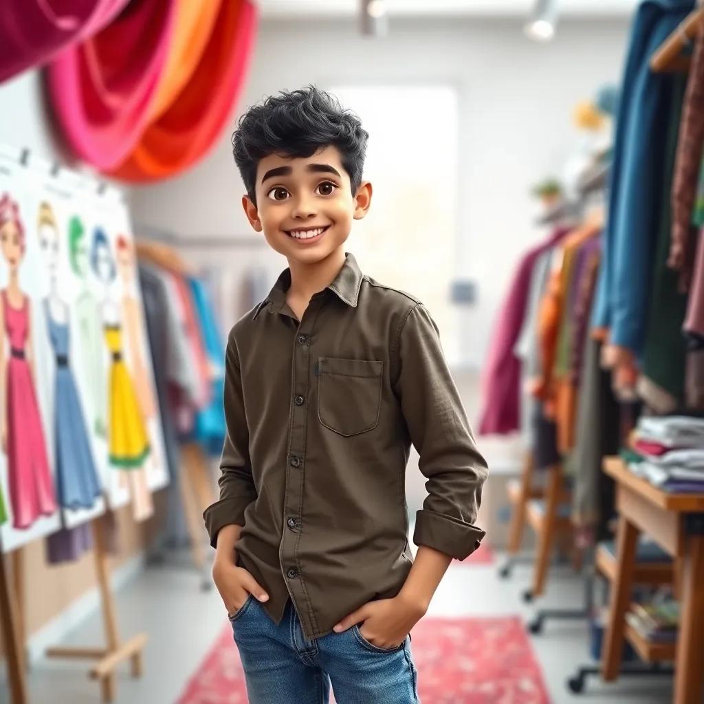 Sami, a young Arab boy, with short, dark curly hair, wearing a simple shirt and jeans, smiling confidently while standing in front of colorful fashion sketches, bright room with fabrics and tools, digital art, vibrant colors, inspiring atmosphere, high quality