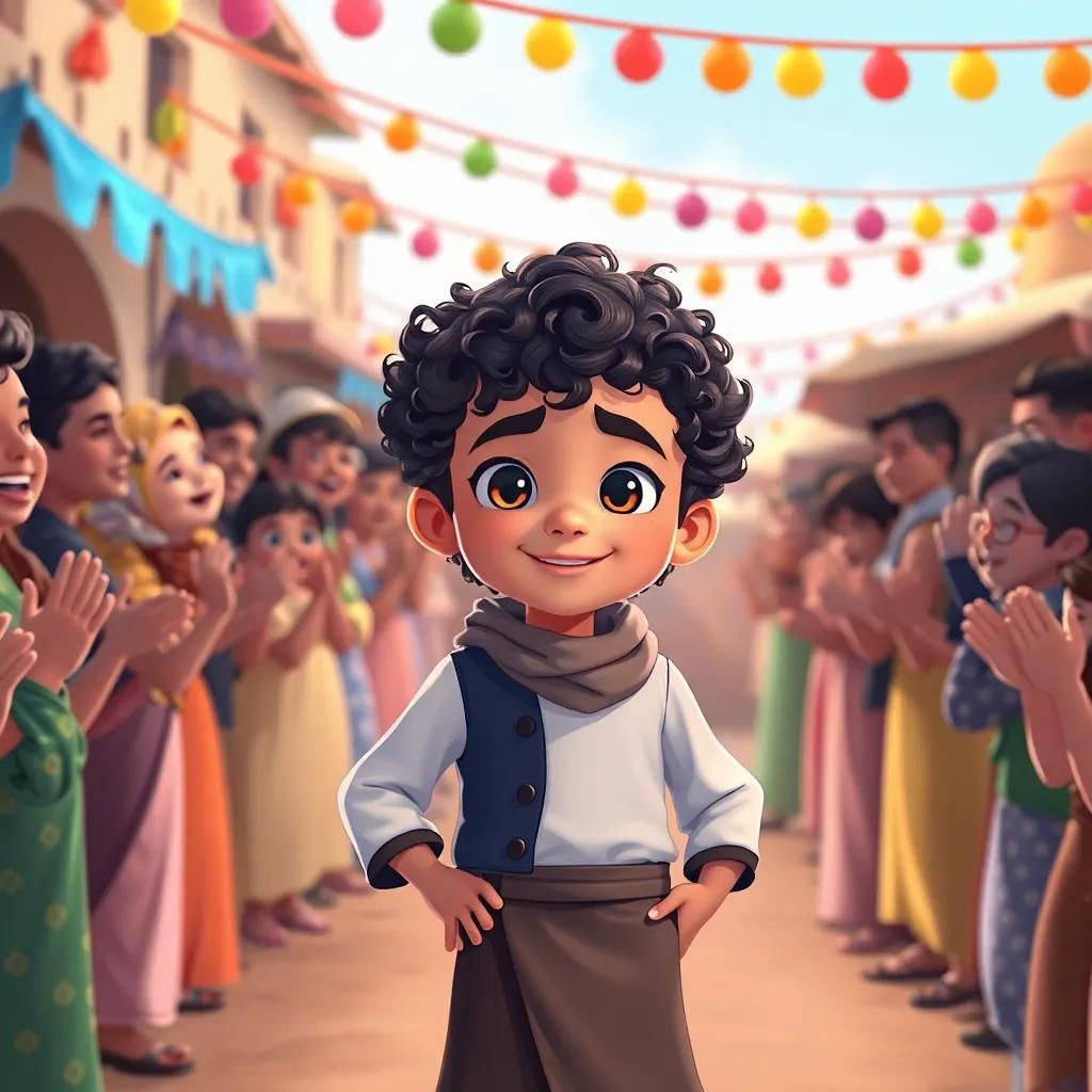 Sami, a young Arab boy, with short, dark curly hair, wearing a stylish outfit, hosting a small fashion show in the village, excited crowd clapping and cheering, colorful decorations around, illustration, cheerful, community spirit, child-friendly