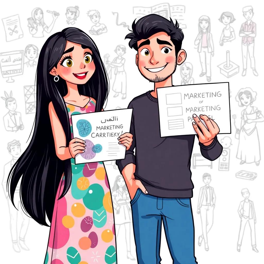 Leila, a young Arab girl, with long, straight black hair, wearing a colorful dress, standing next to Sami holding marketing posters, smiling encouragingly, background filled with sketches, illustration, dynamic teamwork, child-friendly
