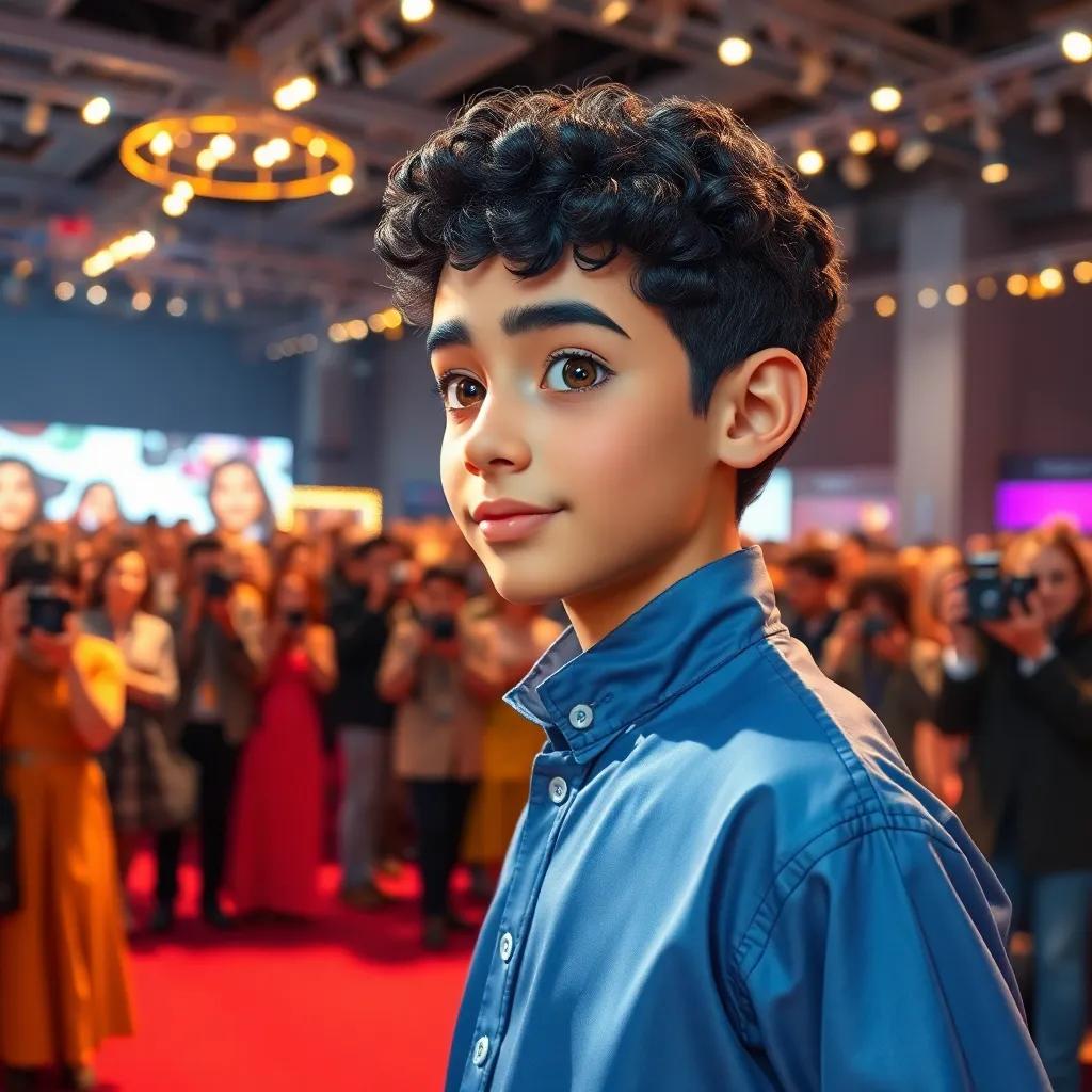 Sami, a young Arab boy, with short, dark curly hair, showcasing his designs at a big fashion exhibition, large audience admiring his work, lights and cameras flashing, digital art, vibrant, exciting energy