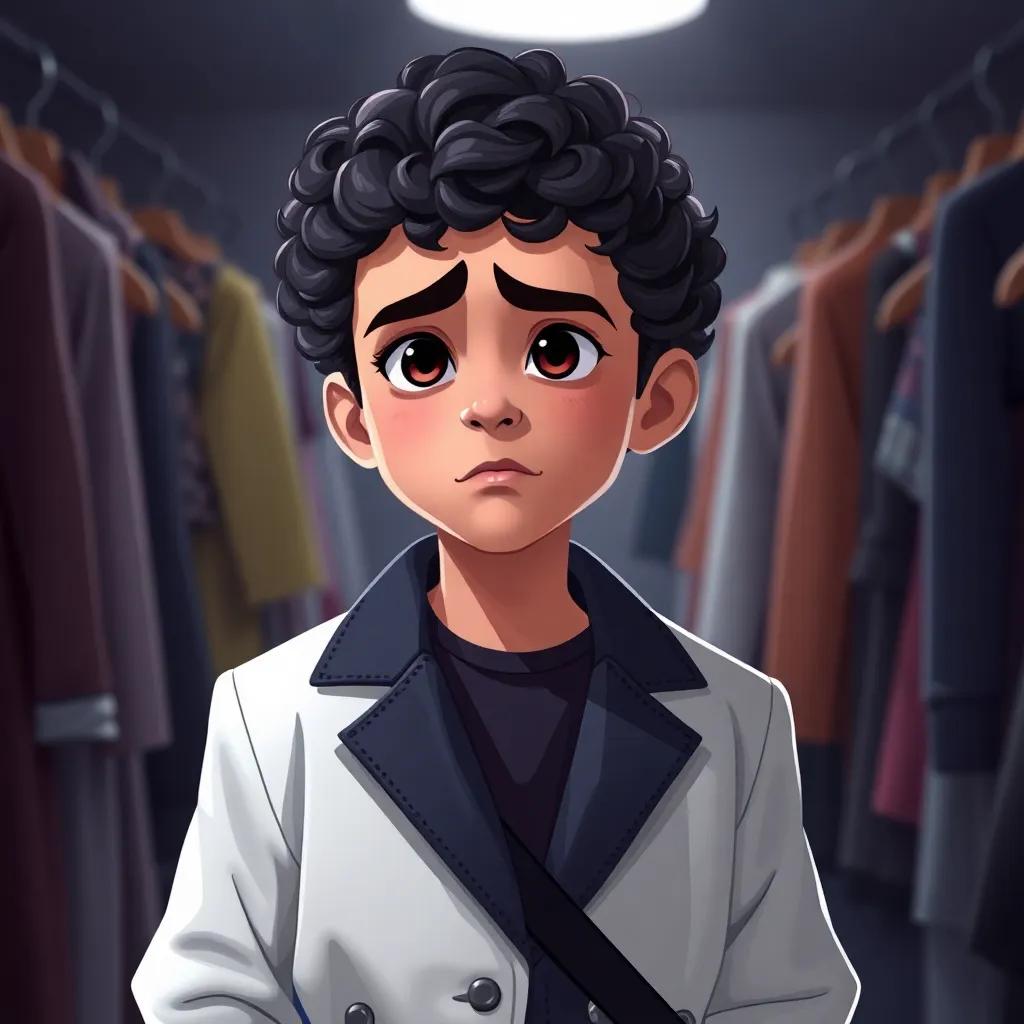 Sami, a young Arab boy, with short, dark curly hair, dressed in a designer outfit, feeling nervous yet excited backstage before a big event, surrounded by fashionable clothes, illustration, emotional, artistic atmosphere