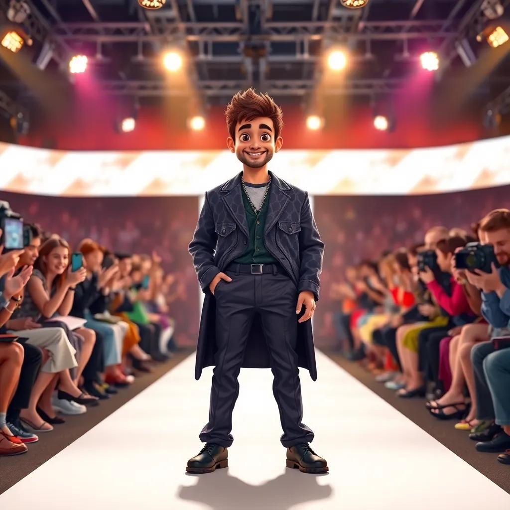 Sami standing confidently on the runway at a major fashion show, surrounded by cheering fans and flashing cameras, wearing a unique outfit he designed, digital painting, bright and energetic atmosphere