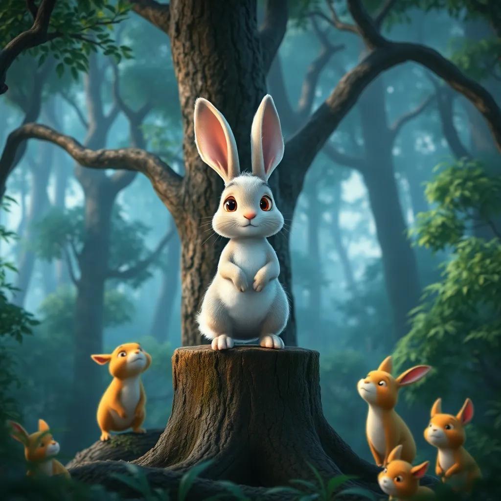 In a dense and mysterious forest, a wise rabbit named Rabi, with soft white fur and bright inquisitive eyes, standing on a tree trunk surrounded by lush trees and curious animals listening to him, digital art, vibrant colors, calm atmosphere, engaging view, high quality