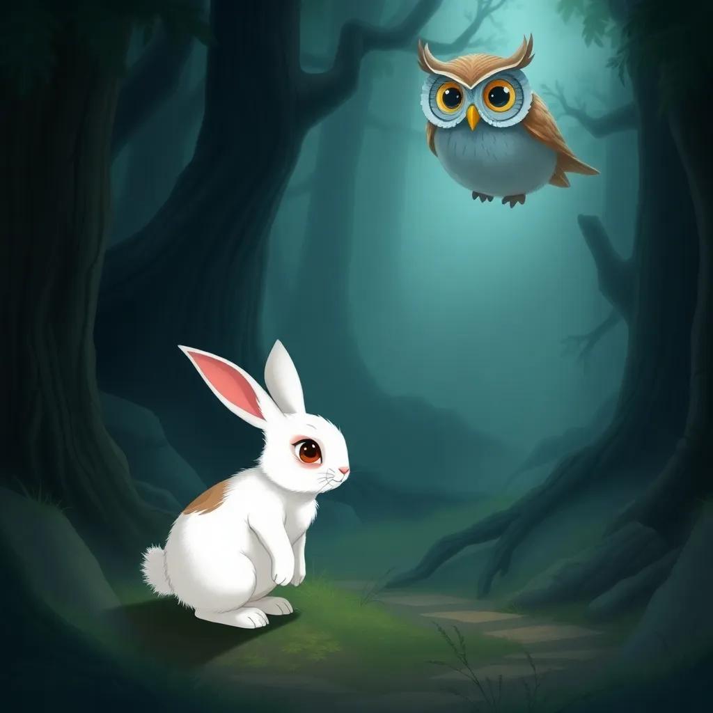 A brave rabbit named Rabi, with soft white fur, exploring a misty part of the forest, surrounded by tangled paths and shadows, while a wise owl with large round eyes looks down at him, warning him softly, illustration, enchanting, mystical, child-friendly