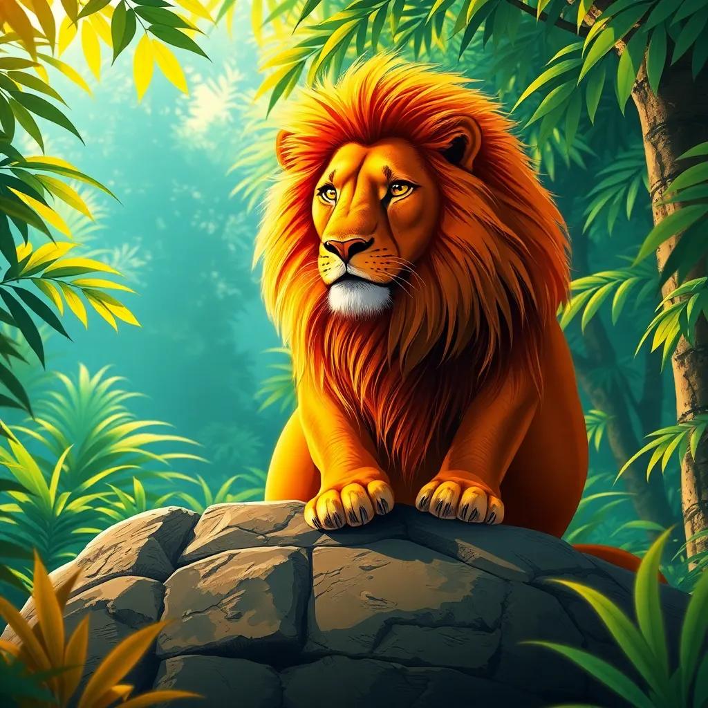 An orange lion with a golden mane sitting majestically on a large rock in a vibrant green jungle, sunlight filtering through the leaves, serious expression, digital art, detailed, warm colors, uplifting perspective, high quality