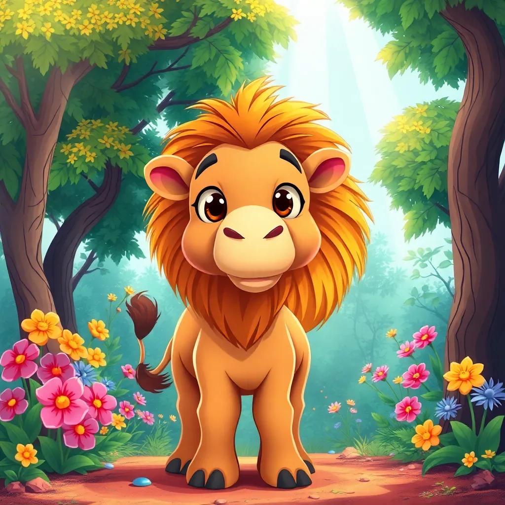 A brown camel with big, gentle eyes standing calmly in front of the lion, surrounded by lush trees and bright flowers, light shining down, friendly expression, illustration, cheerful, child-friendly, colorful, high quality