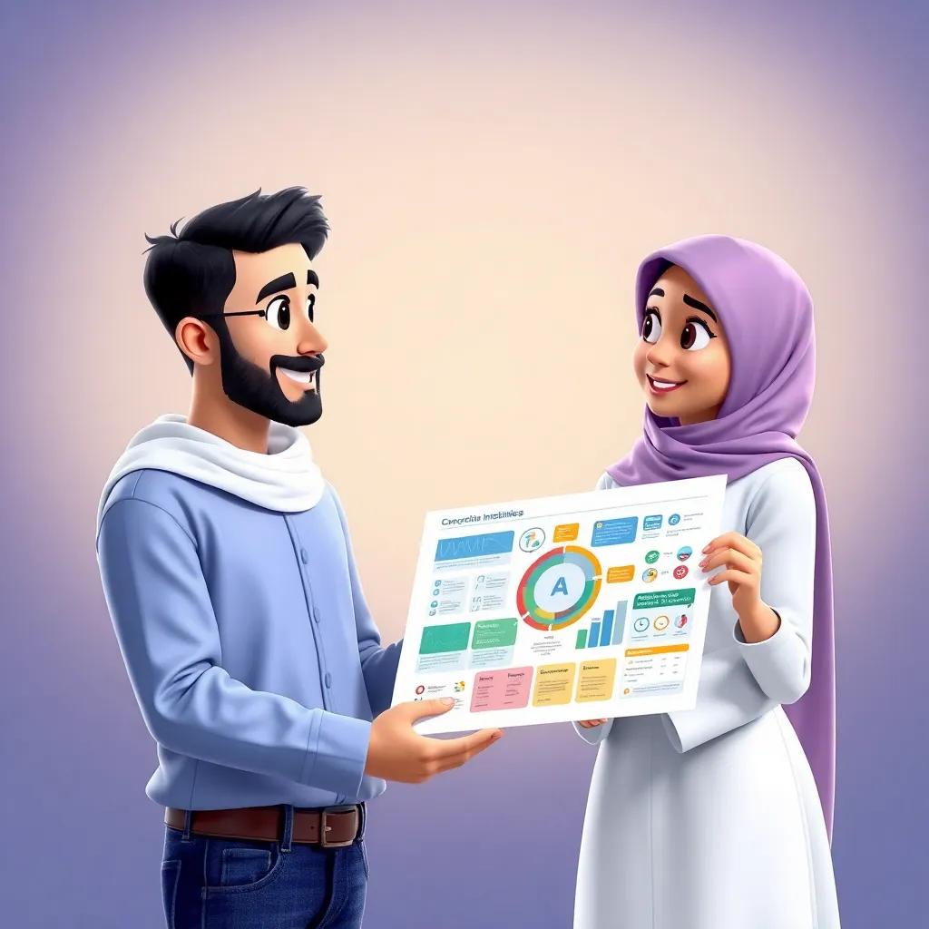 Sami explaining cybersecurity to Layla, holding a colorful infographic, bright background, engaging and educational, inviting colors, high quality