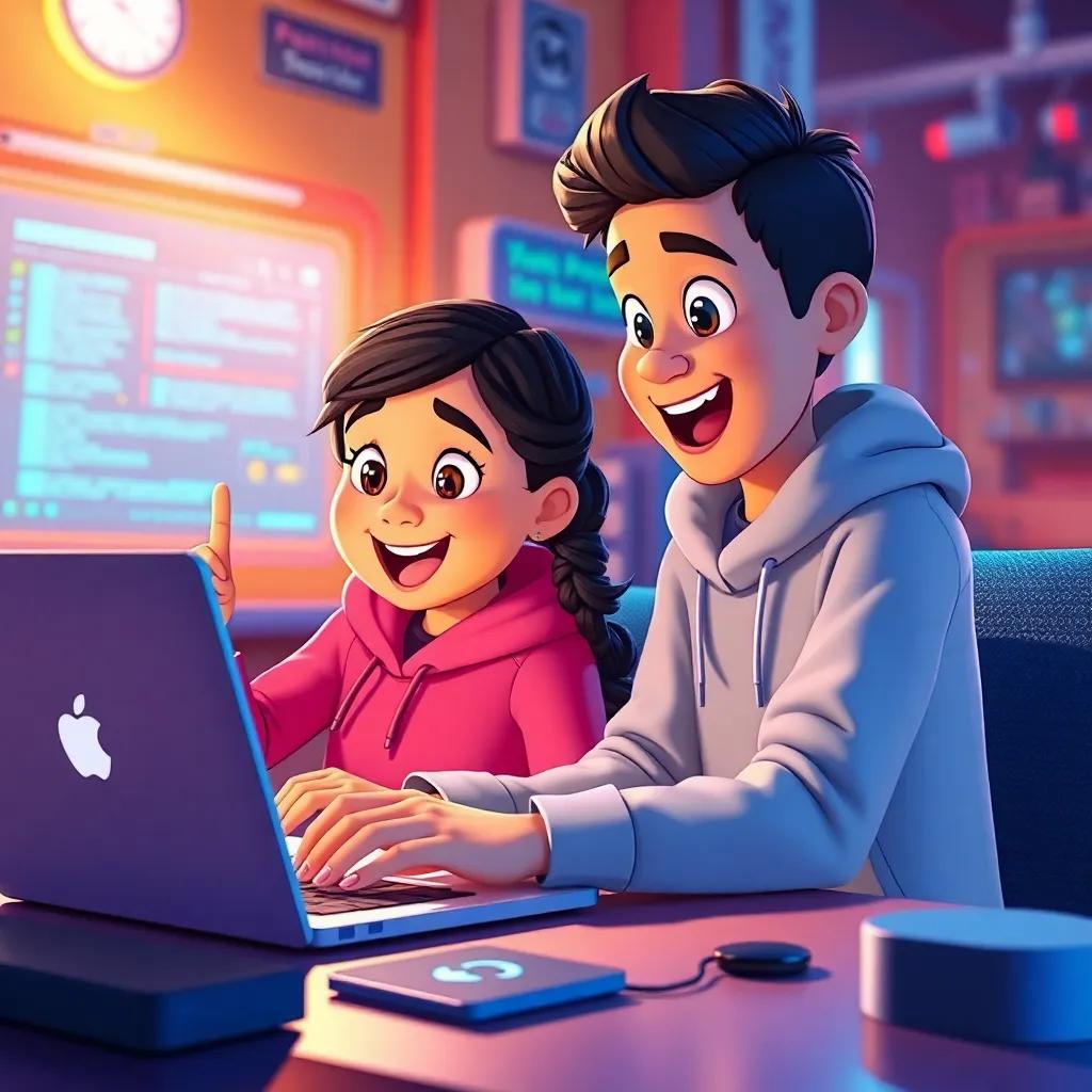 Sami excitedly showing Layla the importance of strong passwords on a laptop, vibrant illustrations, tech-savvy environment, bright light, interactive scene, high quality