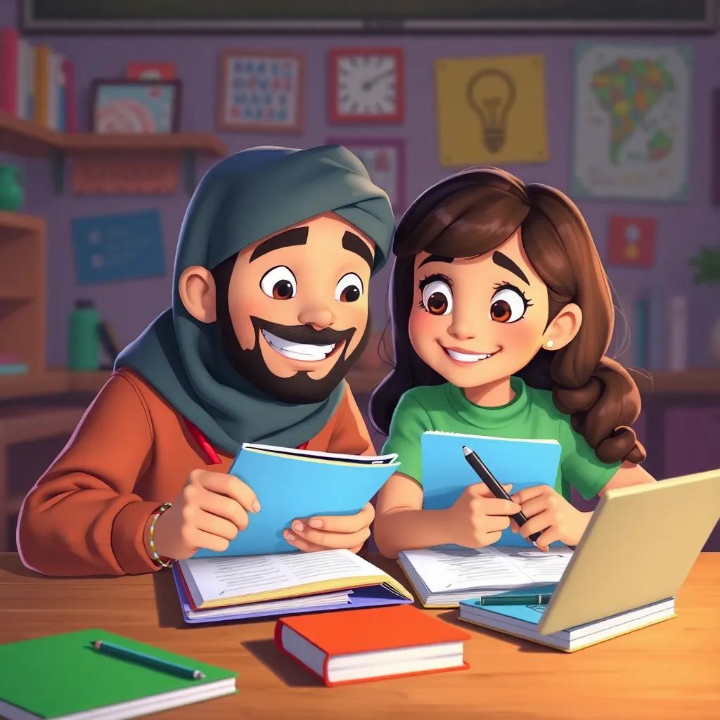 Sami and Layla brainstorming together with notebooks, writing ideas about cybersecurity, fun and creative atmosphere, colorful scene, high quality