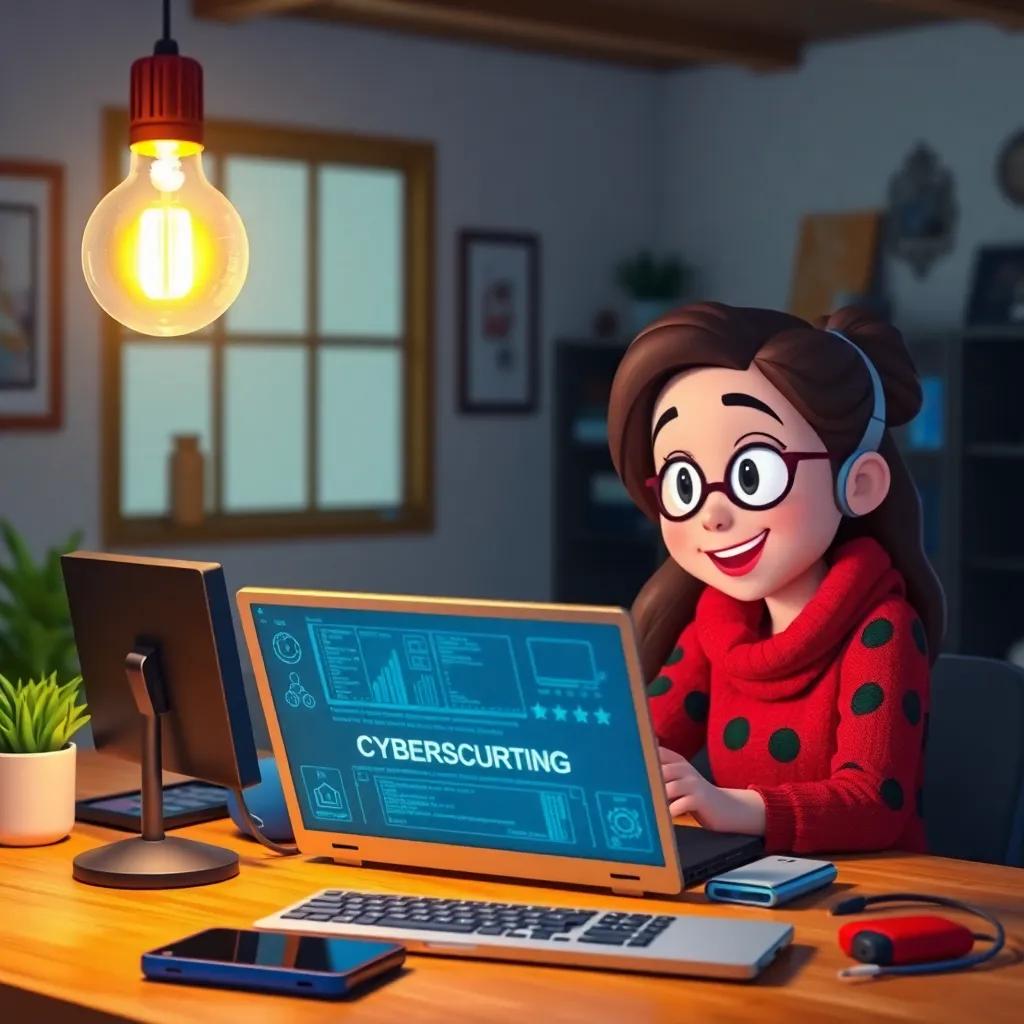 Layla suggesting they create a blog about cybersecurity, with a light bulb moment, indoor setting with tech gadgets, bright and enthusiastic colors, high quality