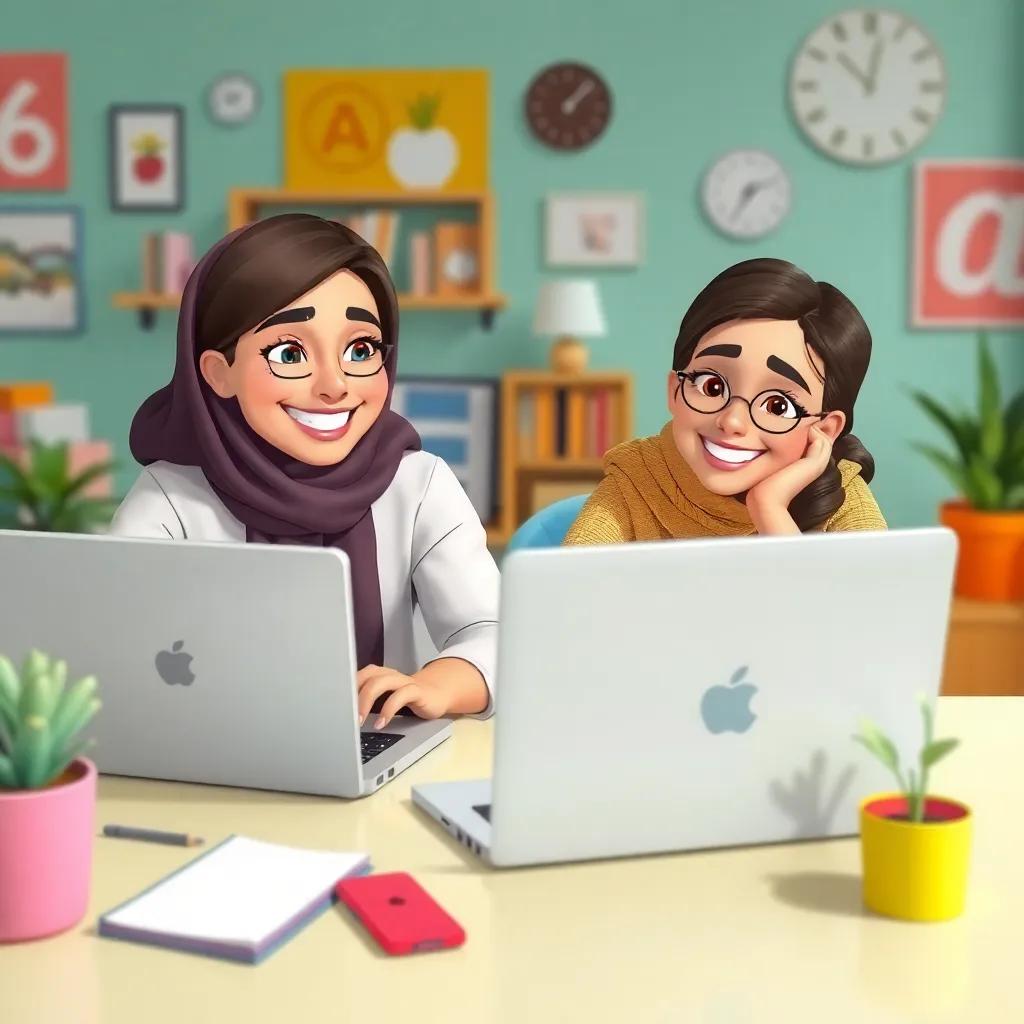Sami and Layla working on their blog, cheerful and productive atmosphere, showing laptops and keyboards, colorful workspace, high quality