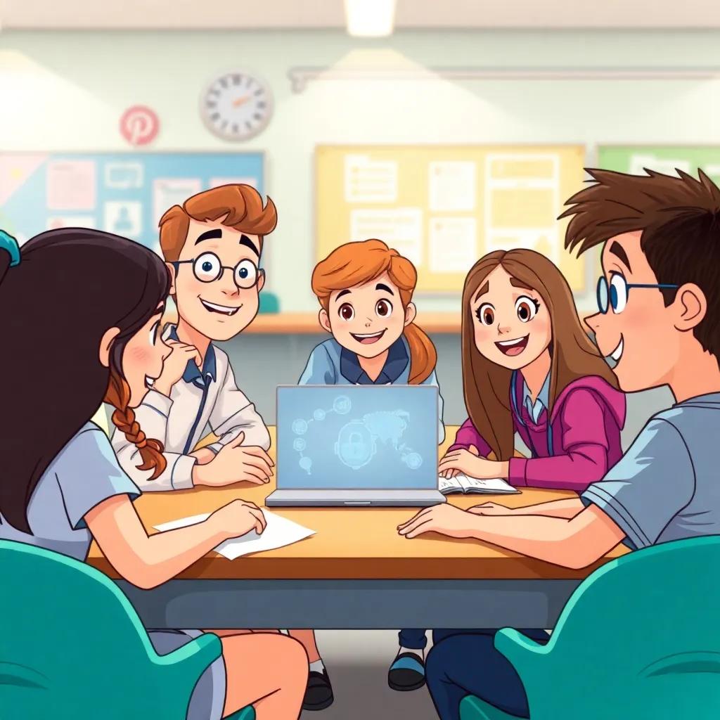 Friends at school learning about cybersecurity together, sharing knowledge, friendly and engaged expressions, bright classroom, high quality