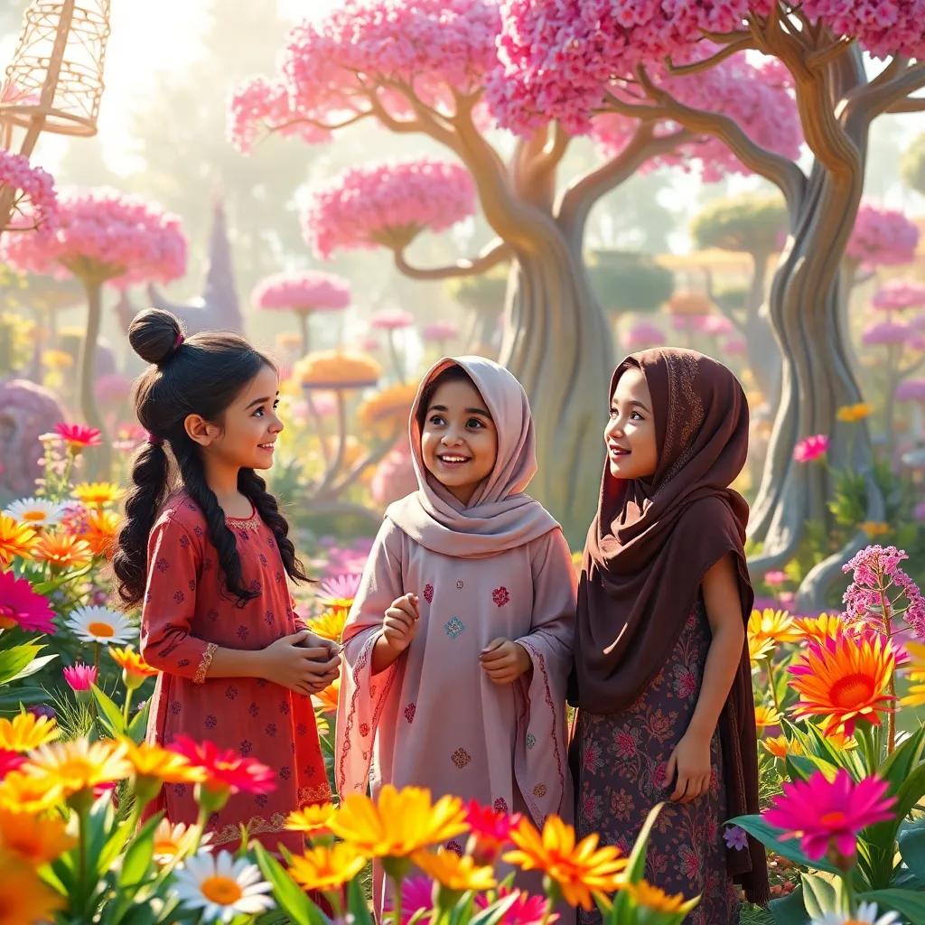 Three girls, Leila, Salam, and Amani, discussing their adventure in a colorful magical garden filled with unusual flowers and trees, bright sunlight, whimsical atmosphere, digital art, vibrant colors, engaged expressions, high quality