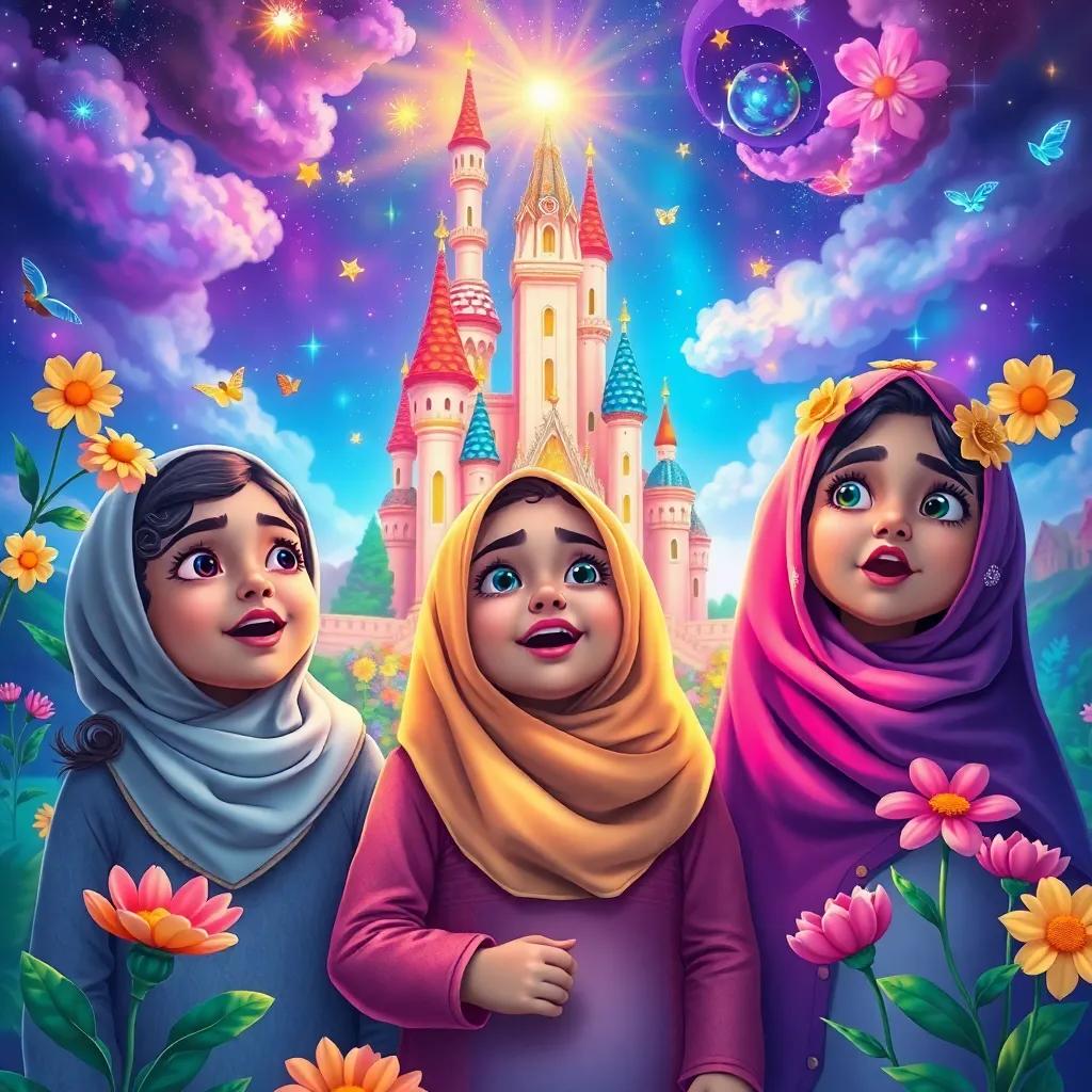 Three girls, Leila, Salam, and Amani, transported to a colorful magical world with a shining castle and talking flowers, amazed expressions, enchanting atmosphere, bright colors, child-friendly, digital painting, high quality