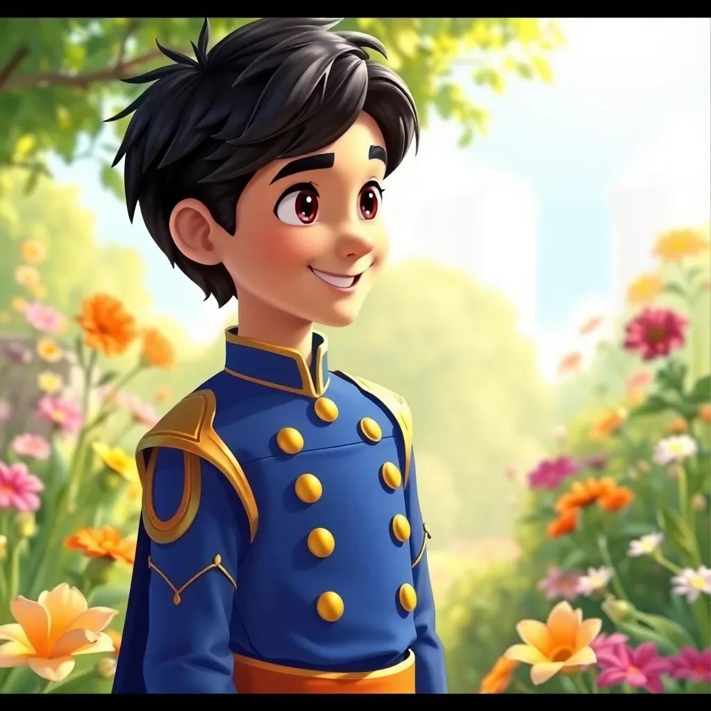 A kind prince with short black hair, wearing a royal blue tunic and gold accents, standing in a garden with colorful flowers and talking to his friend, bright sunlight, cheerful atmosphere, detailed illustration, high quality