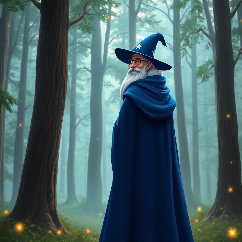 A wizard wearing a long blue cloak with stars, standing among tall trees in a mystical forest, looking at the prince with a wise smile, magical sparkles around, warm light, enchanting view, detailed digital art, high quality