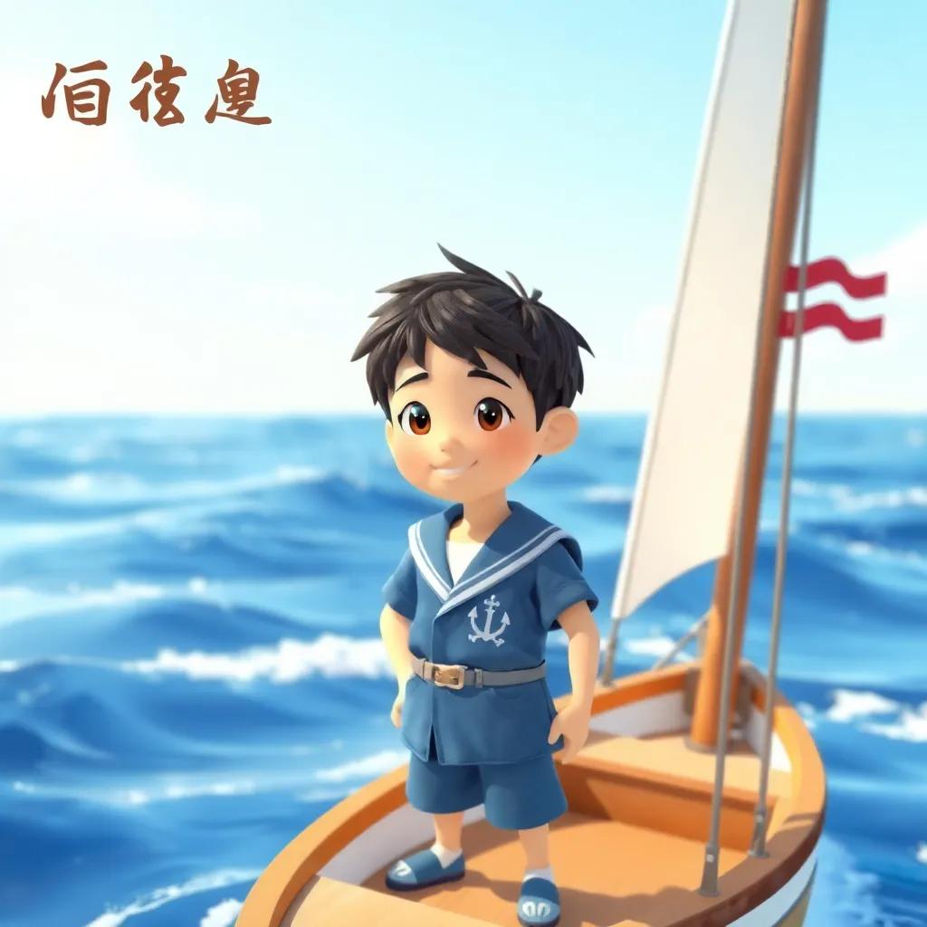 A brave sailor, حسام, with short black hair wearing a blue sailor outfit, standing on a small boat with blue waves and a clear sky, vibrant colors, cheerful atmosphere, high quality