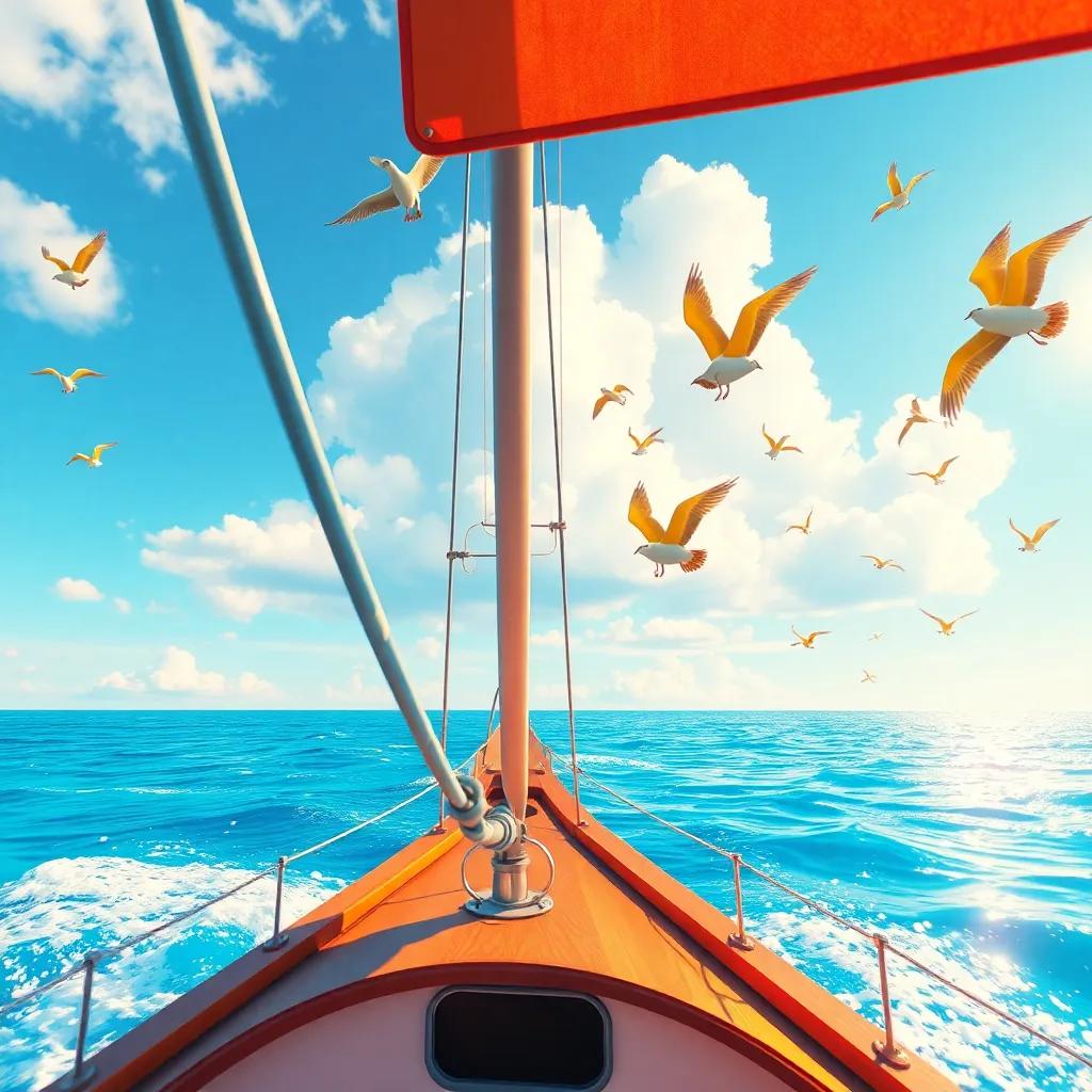 A colorful scene of حسام sailing on the sea with bright blue water and colorful birds in the sky, digital art, lively, exciting perspective, child-friendly