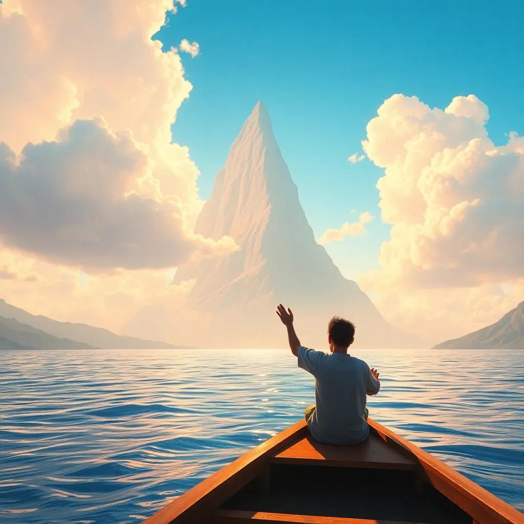 A large mountain appearing in the distance, حسام on his boat feeling excited, blue sky with fluffy clouds, warm lighting, inviting composition
