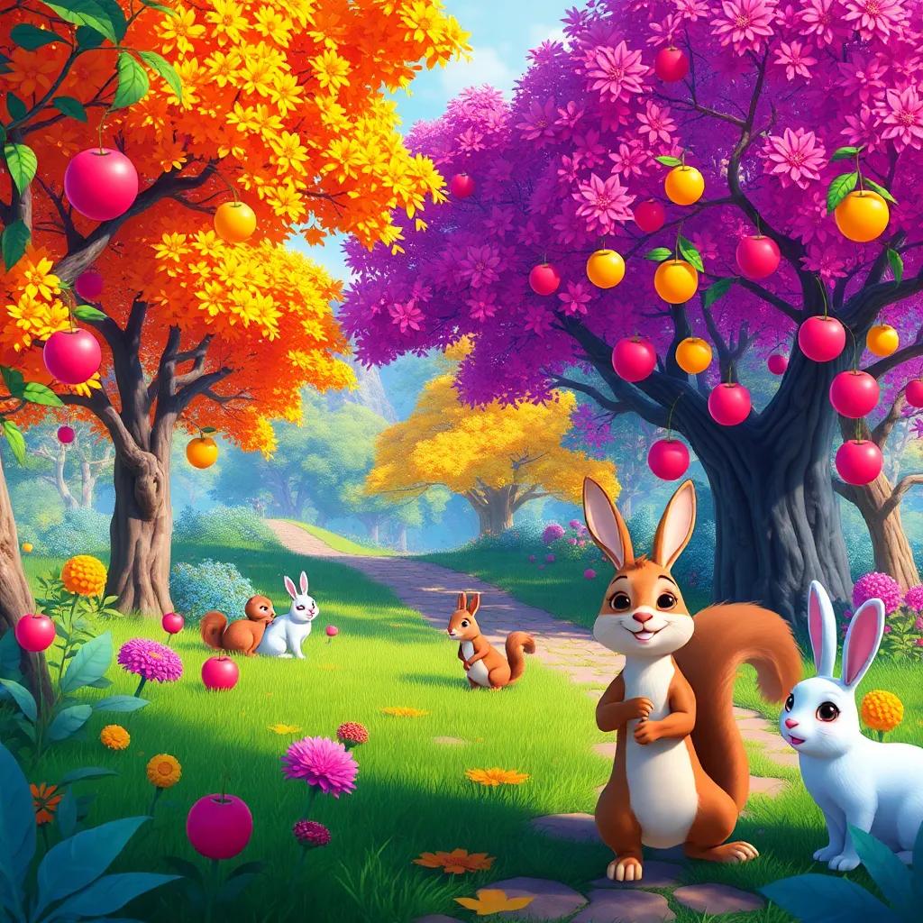 The magical جزيرة عدن with vibrant trees and colorful fruits, حسام exploring with friendly animals like rabbits and squirrels, cheerful, bright and colorful, joyful atmosphere