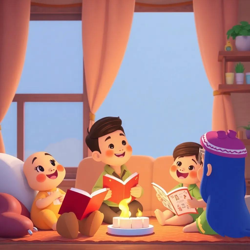 Hسام smiling and sharing stories about his adventure with friends at home, a cozy scene with warm colors and happy expressions, heartwarming, high quality