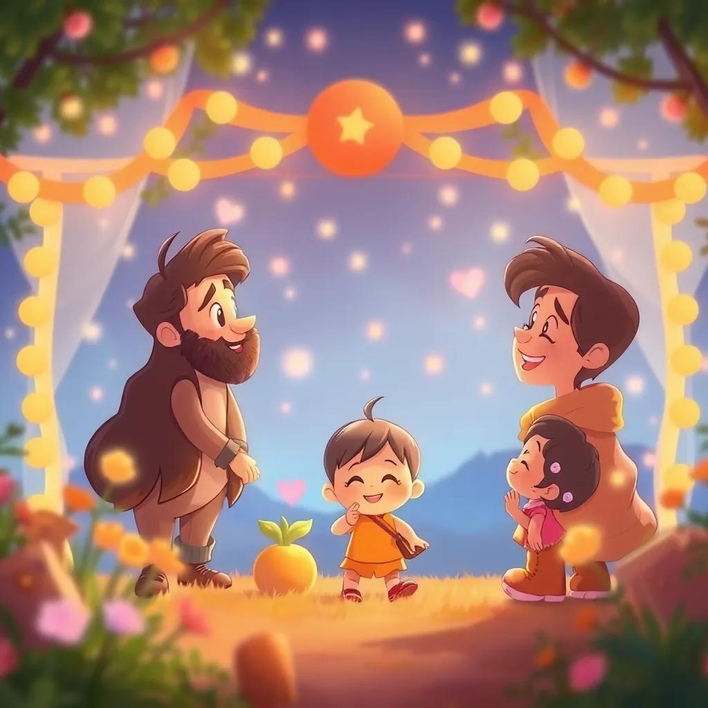 شاب شجاع، سامي، بعد هزيمته للوحش، وأهل القرية يشاهدونه ويقفون في إعجاب، واجهة قلعة جميلة، joyous atmosphere, warm colors, heartwarming scene, high quality