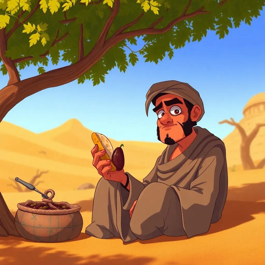 A rich merchant, looking nervous, sitting under a shaded tree, holding a piece of bread and a date, surrounded by a sunny desert, detailed digital art, warm colors, inviting atmosphere, high quality