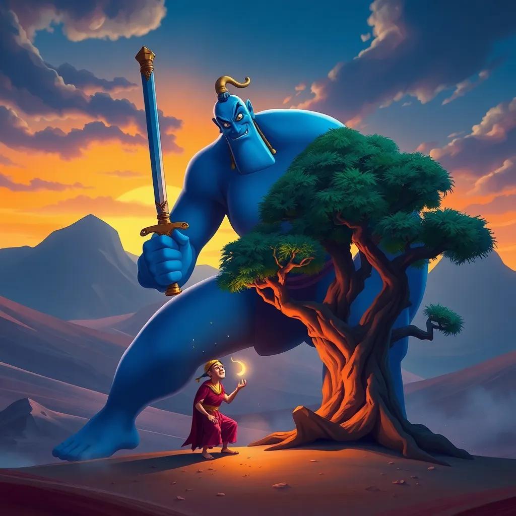 A tall, fierce genie, holding a sword, looming over the frightened merchant under the tree, with a dramatic expression, surrounded by the desert landscape, digital painting, vibrant, intense atmosphere, high quality