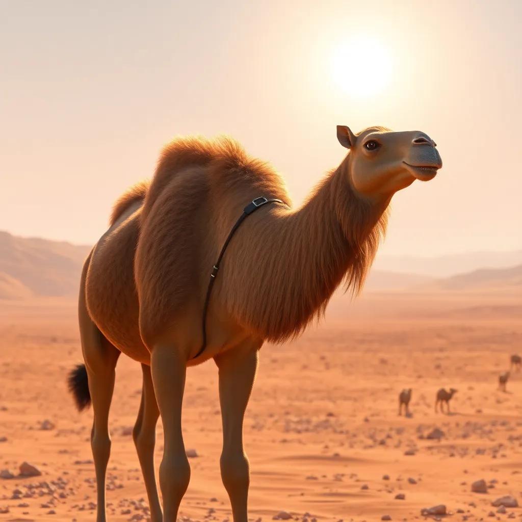A camel with beautiful brown fur, standing in a barren desert under a bright sun, looking determined, digital art, warm colors, vast landscape, high quality