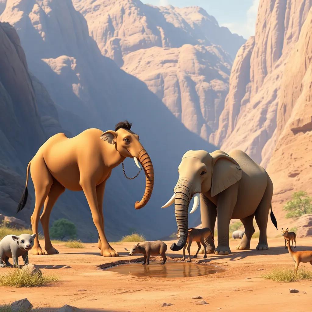 A camel and an elephant in a valley, helping a small animal reach a water source, other animals watching curiously, vibrant colors, action scene, high quality