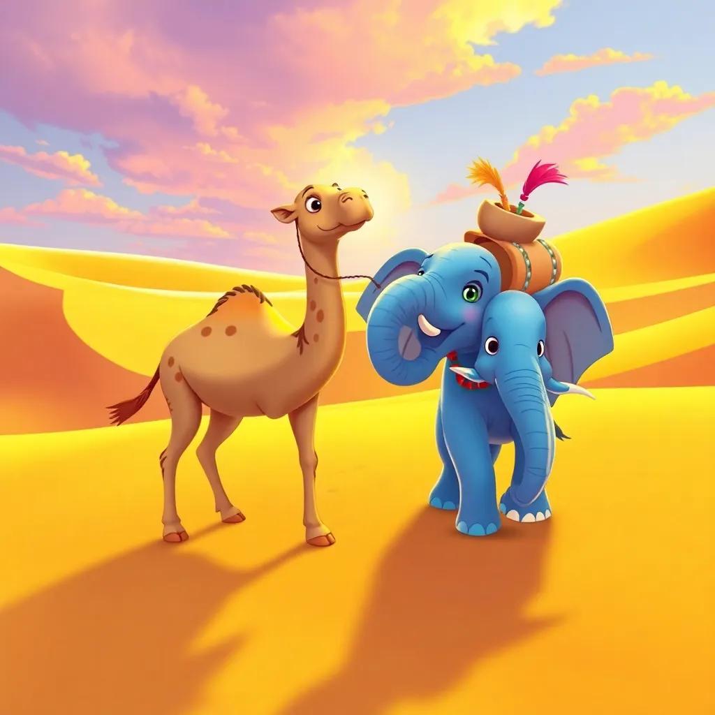 A colorful scene of the camel and elephant exploring together in a desert, discovering new paths and carrying items, vibrant, cheerful, high quality