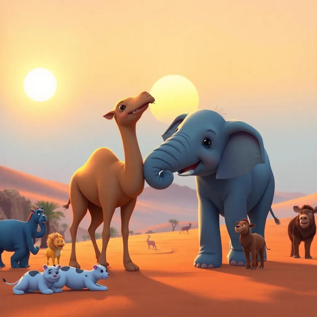 A heartwarming scene of the camel and elephant enjoying their friendship, surrounded by other animals, in a peaceful desert with a setting sun, beautiful colors, high quality