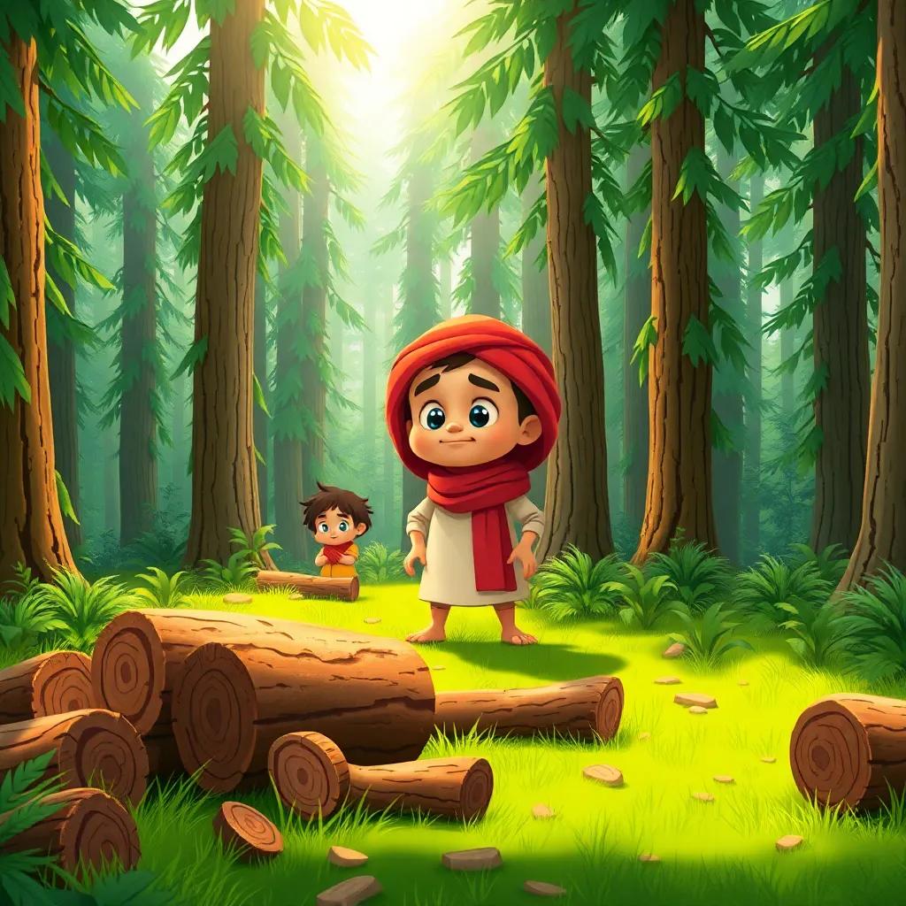 A dense green forest with tall trees, a young Arab woodcutter named Sami, standing with his friends looking worriedly at chopped logs scattered around, sunlight filtering through the leaves, vibrant colors, cheerful and engaging, digital art, whimsical style