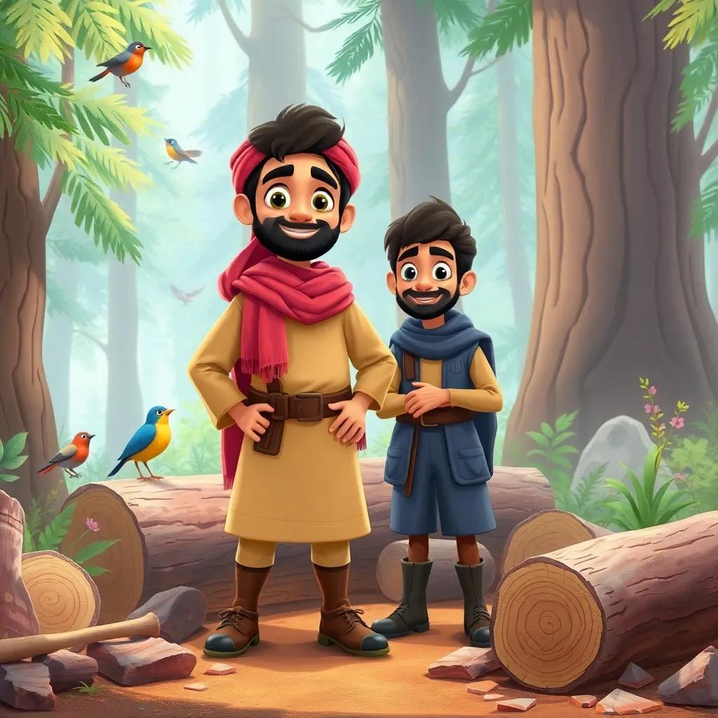 Sami, the young Arab woodcutter, standing confidently with his friends by the broken logs, discussing how to use the broken pieces creatively, surrounded by the beauty of the forest with birds and flowers, cheerful atmosphere, illustration, friendly and warm. 